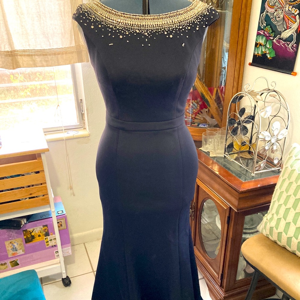 Dark blue open back beaded formal dress